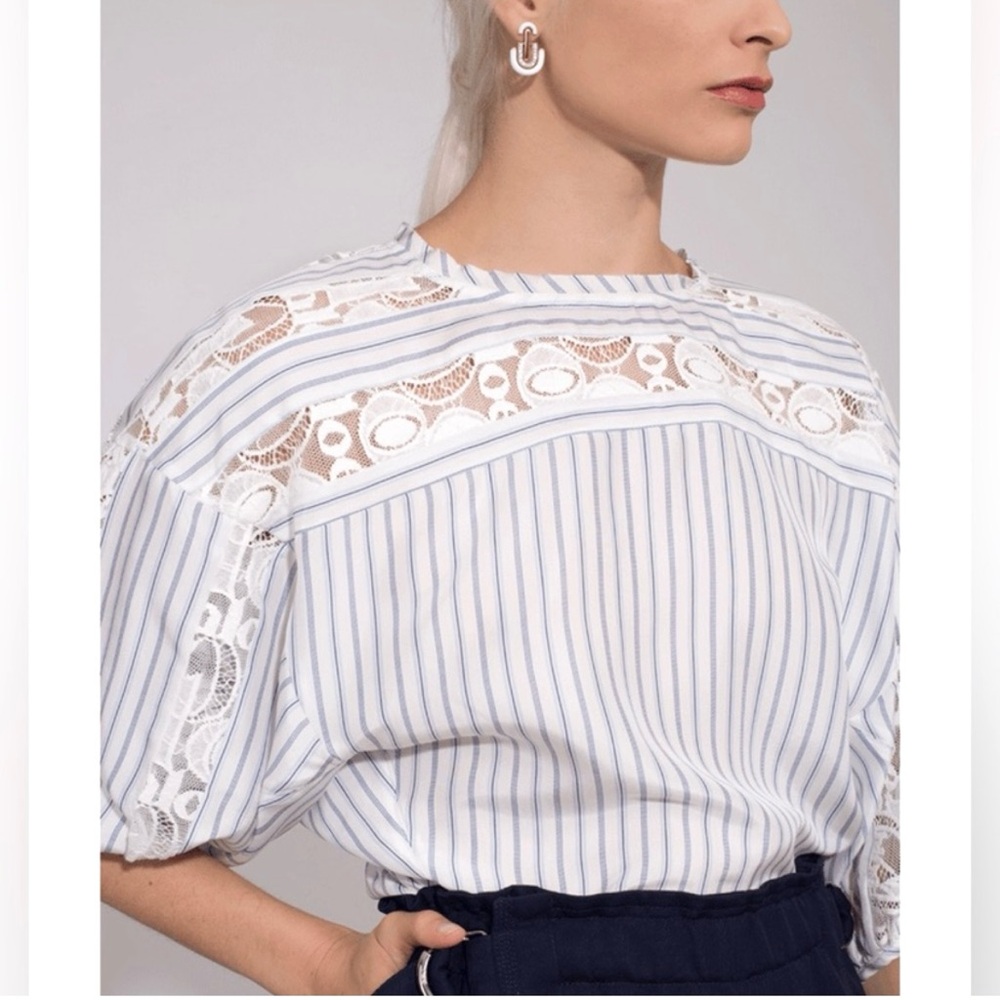 CHLOE White Striped Silk Blouse Lace Whimsy Goth‎ Quiet Luxury Parisian Limited
